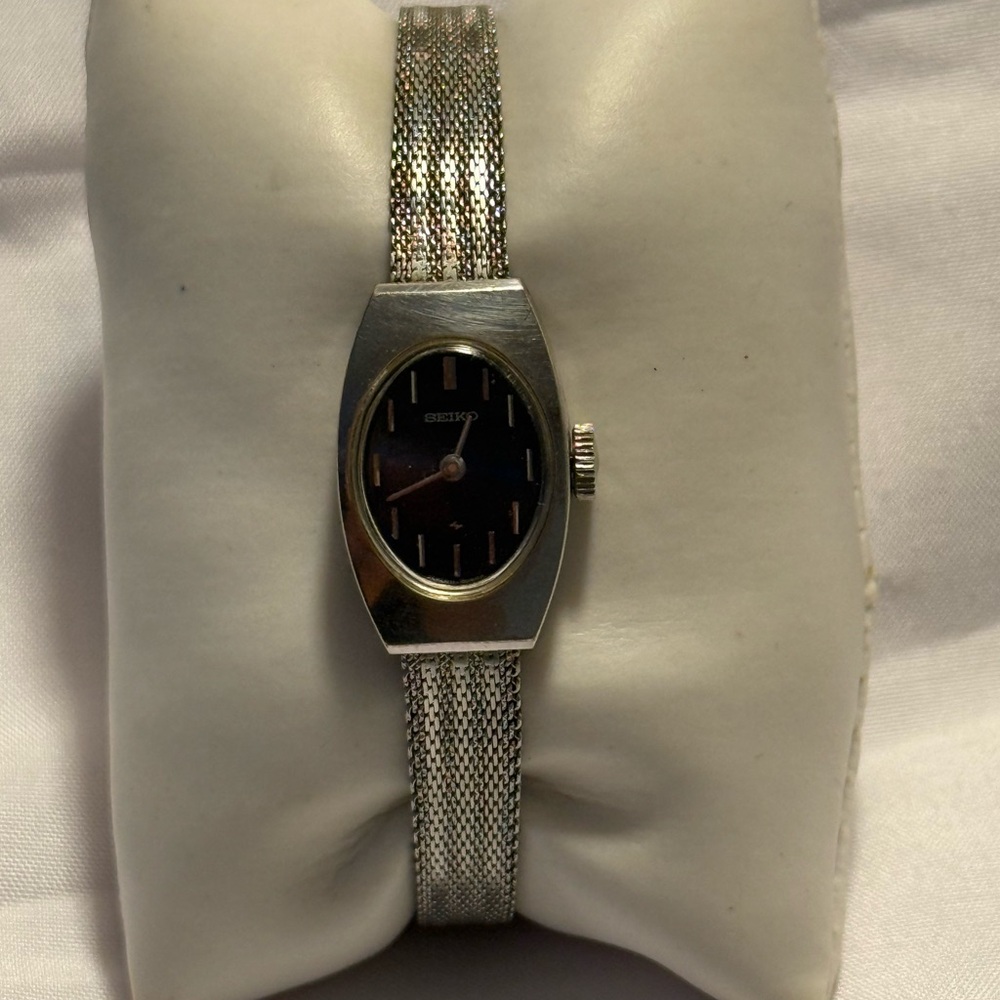 Seiko Silver and Dark Blue Women's Rectangular Oval Face Watch